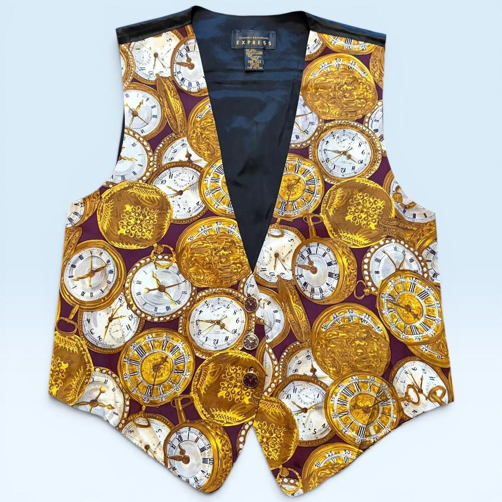 Vintage Express Vest Womens Large Gold Pocket Watch Silk Suit Steampunk Retro